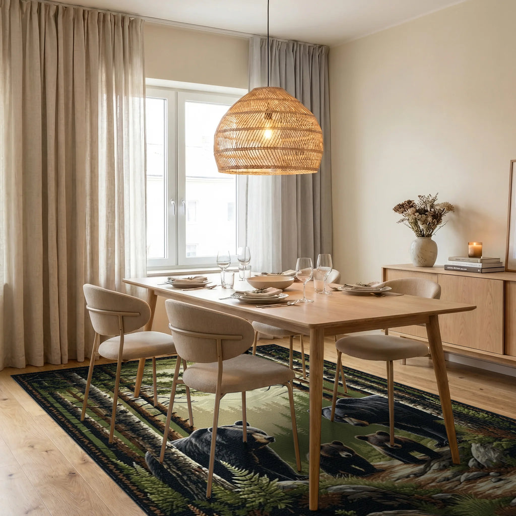 Black Bear Family Pine Forest Rug - Dining Room View