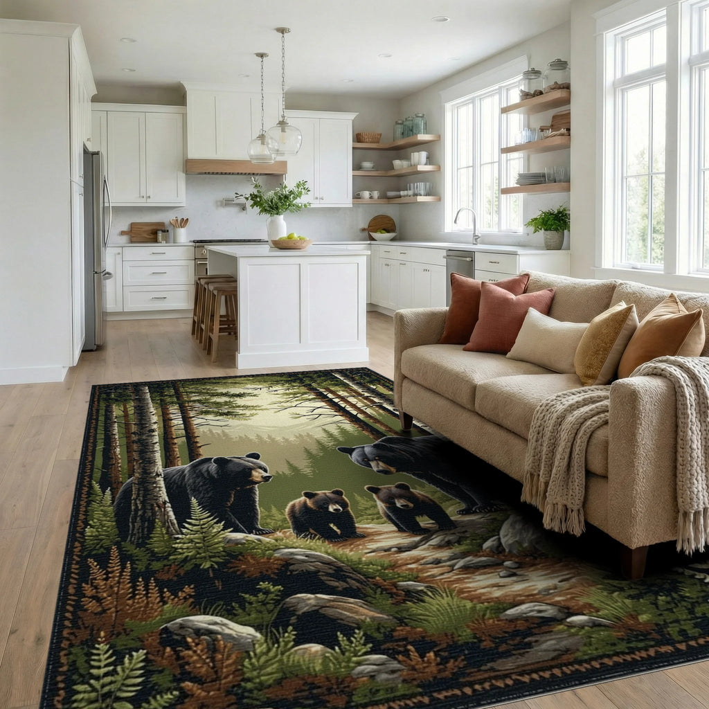 Black Bear Family Pine Forest Rug - Living Room View