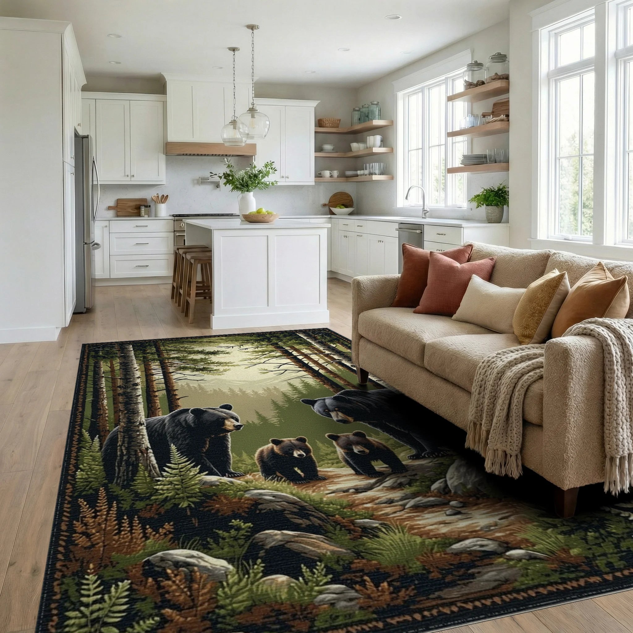 Black Bear Family Pine Forest Rug - Living Room View