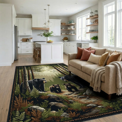Black Bear Family Pine Forest Rug - Living Room View