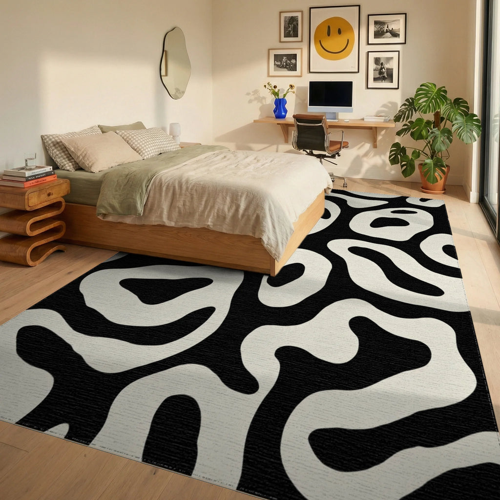 Black Cream Organic Swirl Rug - Bedroom View