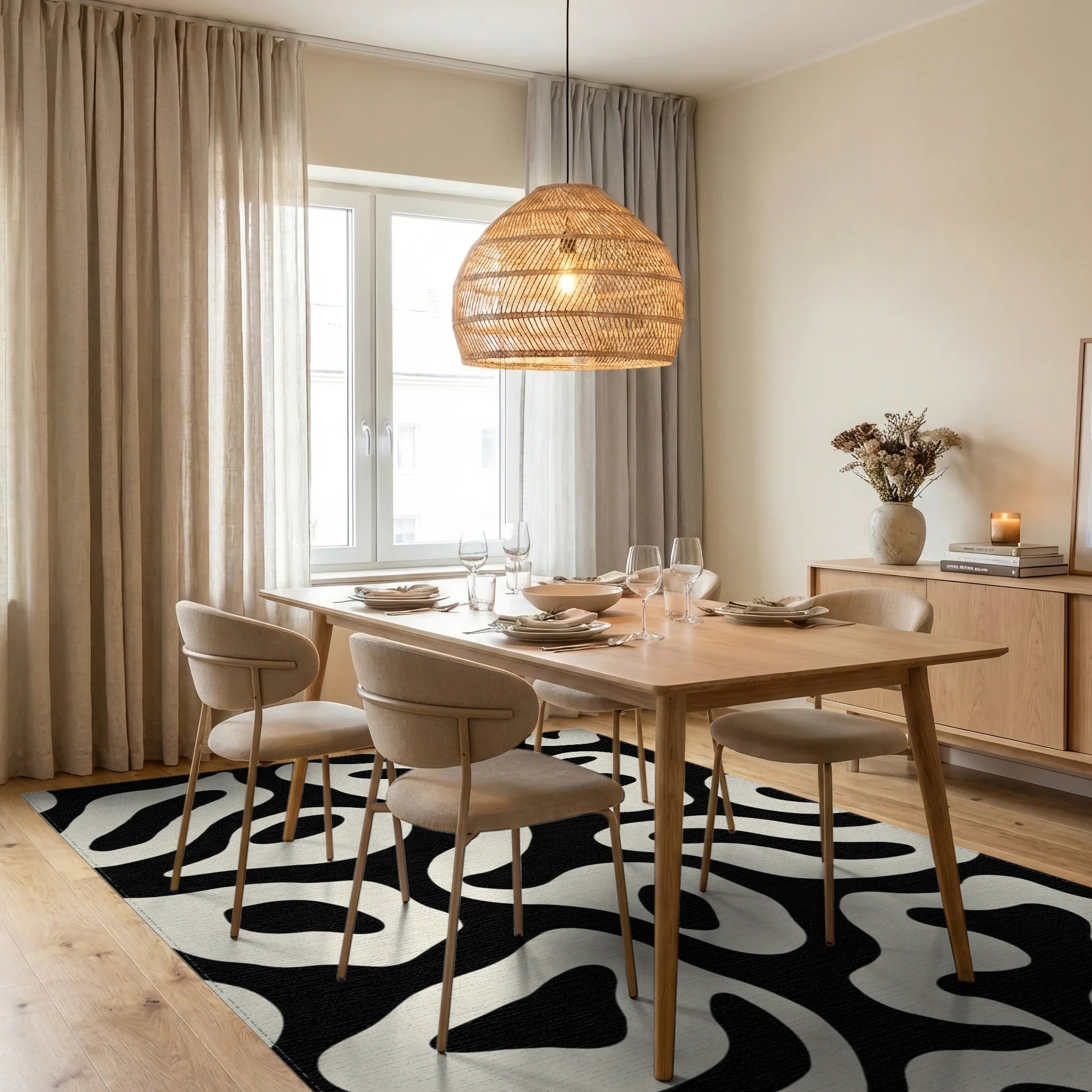 Black Cream Organic Swirl Rug - Dining Room View