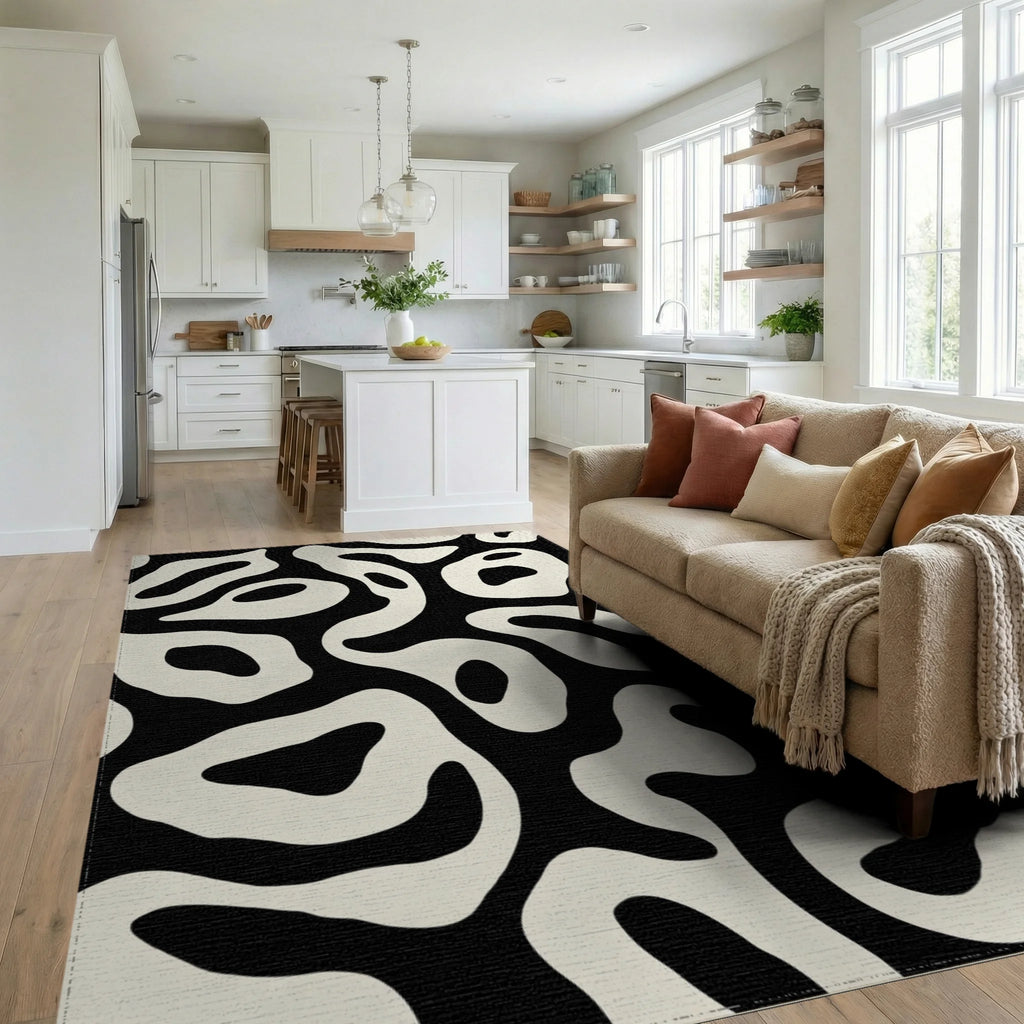 Black Cream Organic Swirl Rug - Living Room View