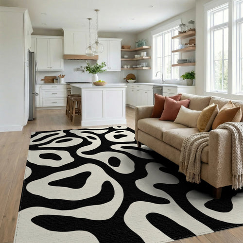 Black Cream Organic Swirl Rug - Living Room View