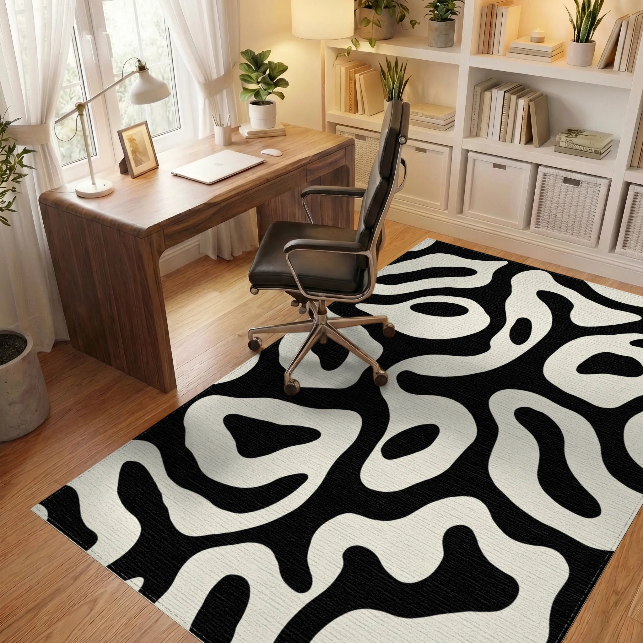 Black Cream Organic Swirl Rug - Office View