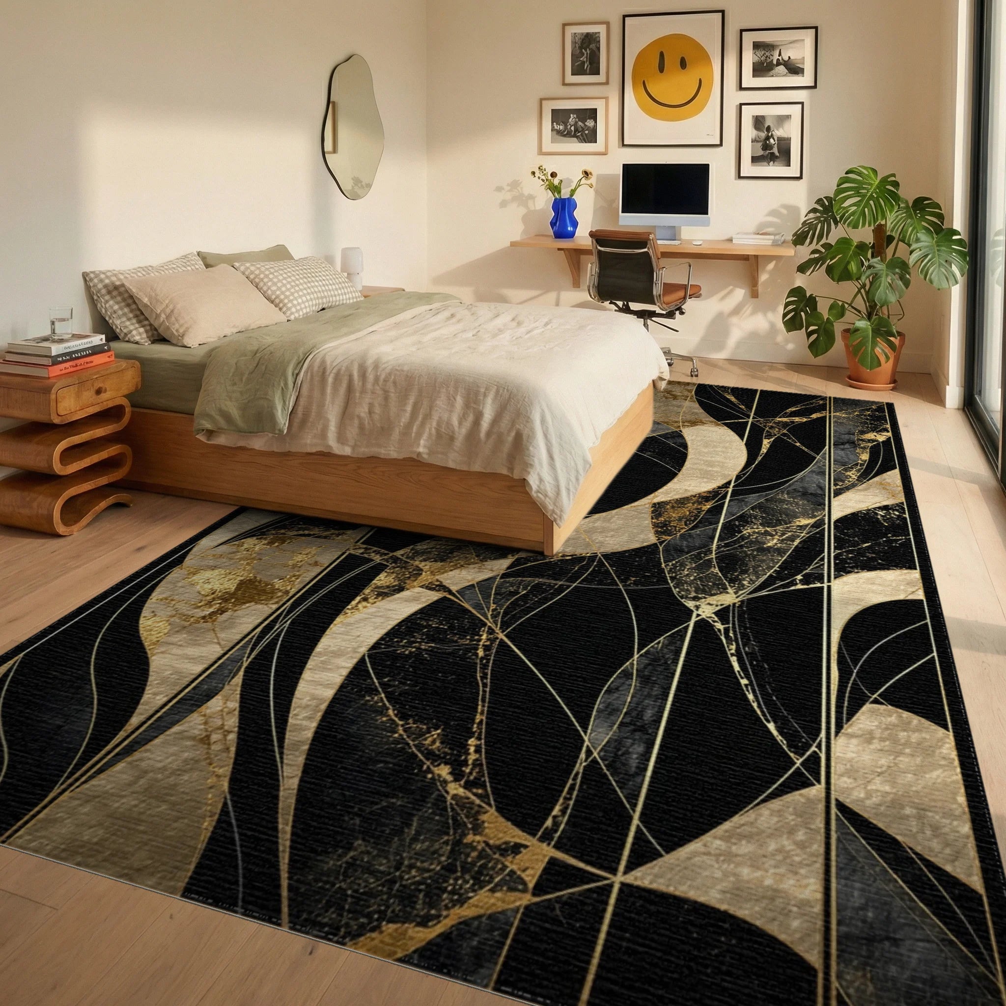 Black Gold Abstract Marble Swirl Rug - Bedroom View