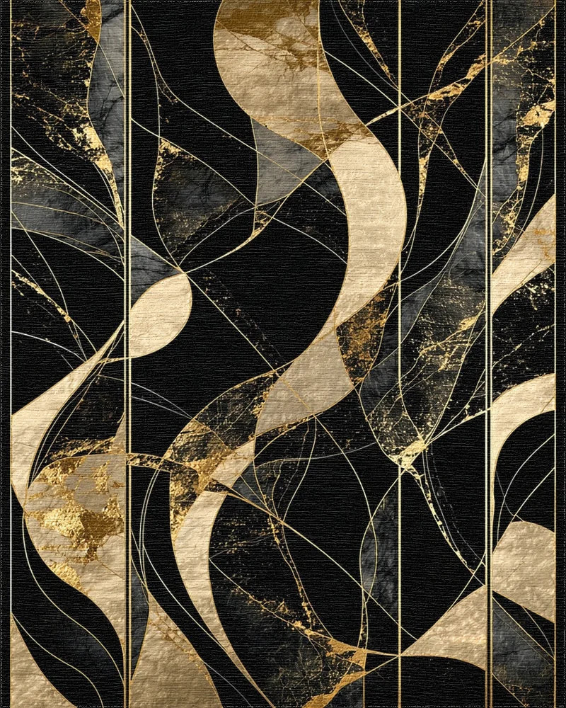 Black Gold Abstract Marble Swirl Rug - Cutout View