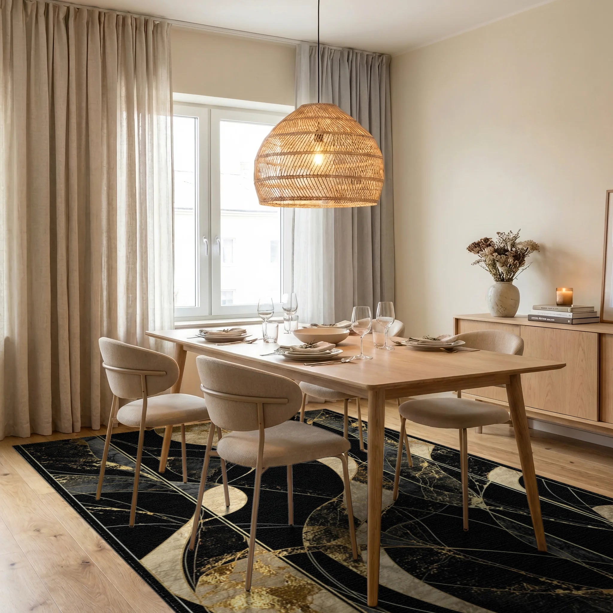 Black Gold Abstract Marble Swirl Rug - Dining Room View