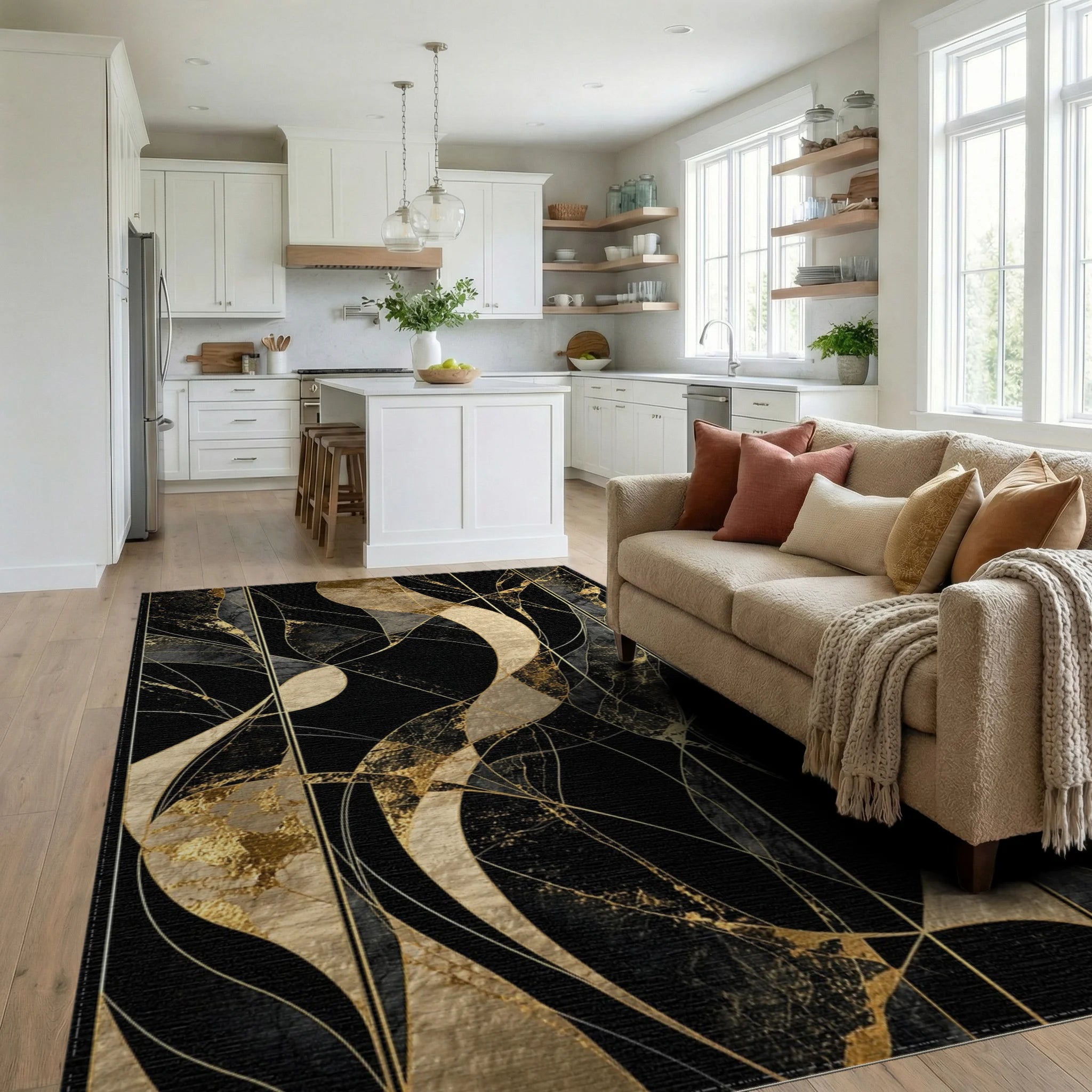 Black Gold Abstract Marble Swirl Rug - Living Room View