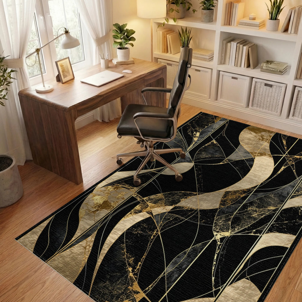 Black Gold Abstract Marble Swirl Rug - Office View