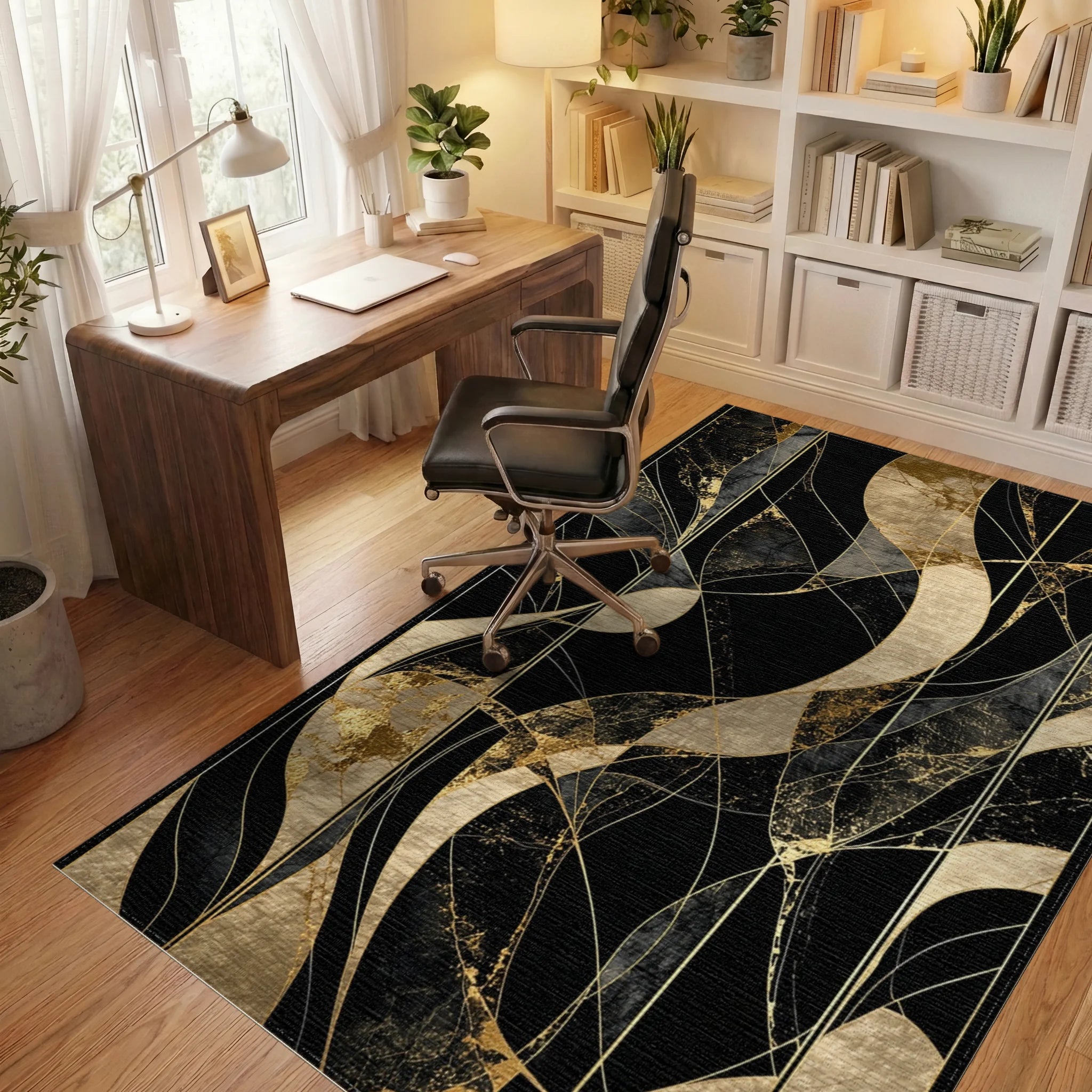 Black Gold Abstract Marble Swirl Rug - Office View