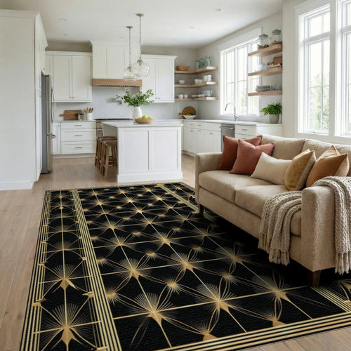 Black Gold Art Deco Sunburst Rug - Living Room View