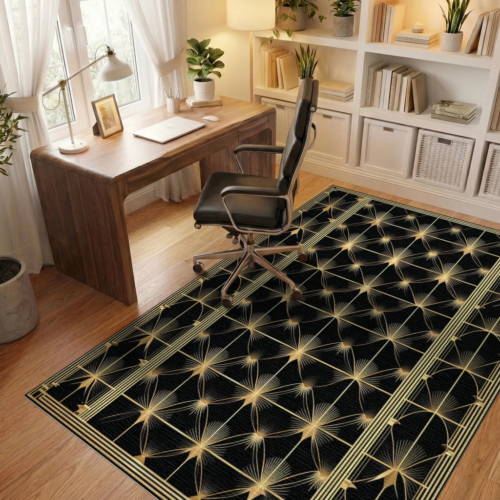 Black Gold Art Deco Sunburst Rug - Office View