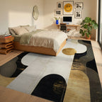 Black Gold Curved Abstract Rug - Bedroom View