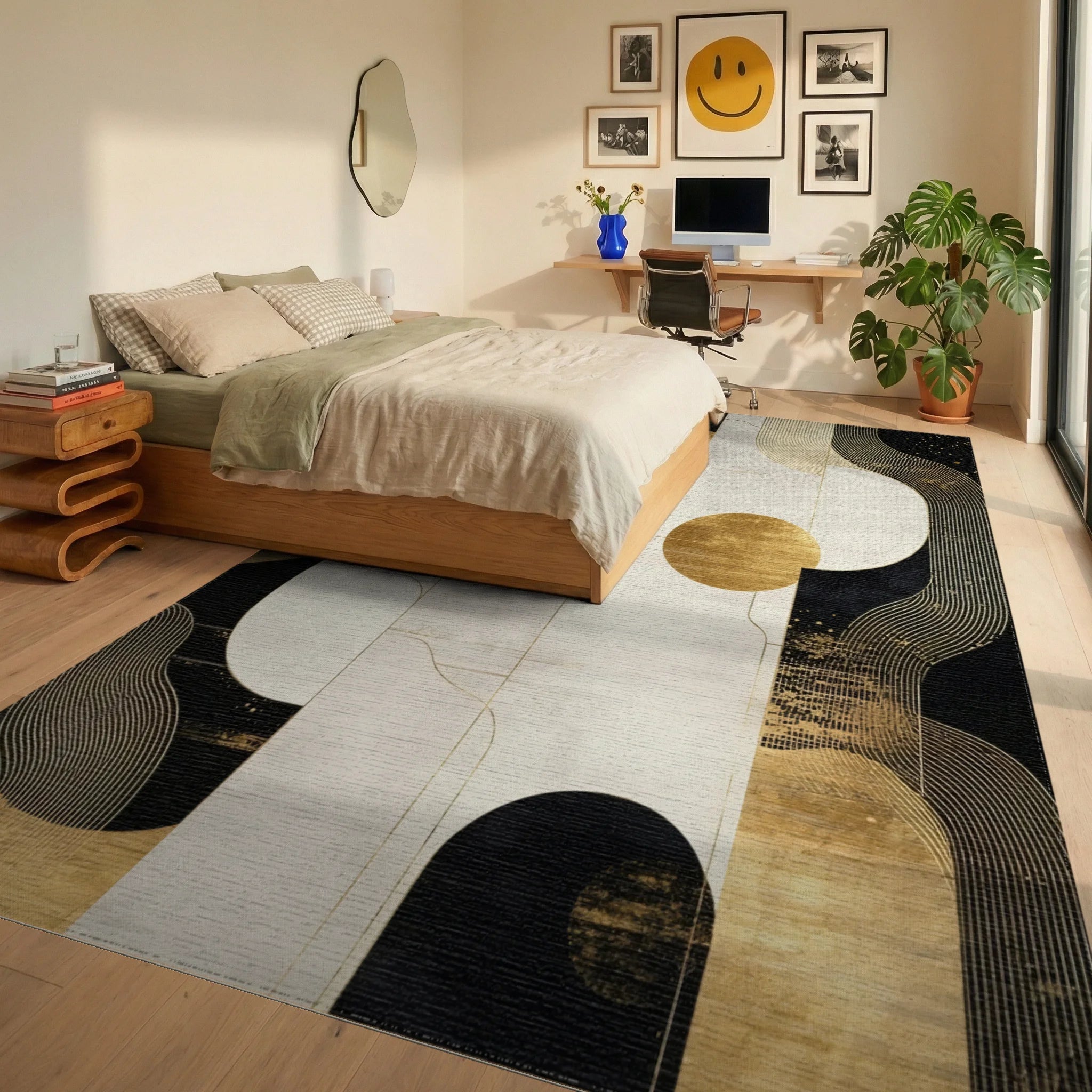Black Gold Curved Abstract Rug - Bedroom View