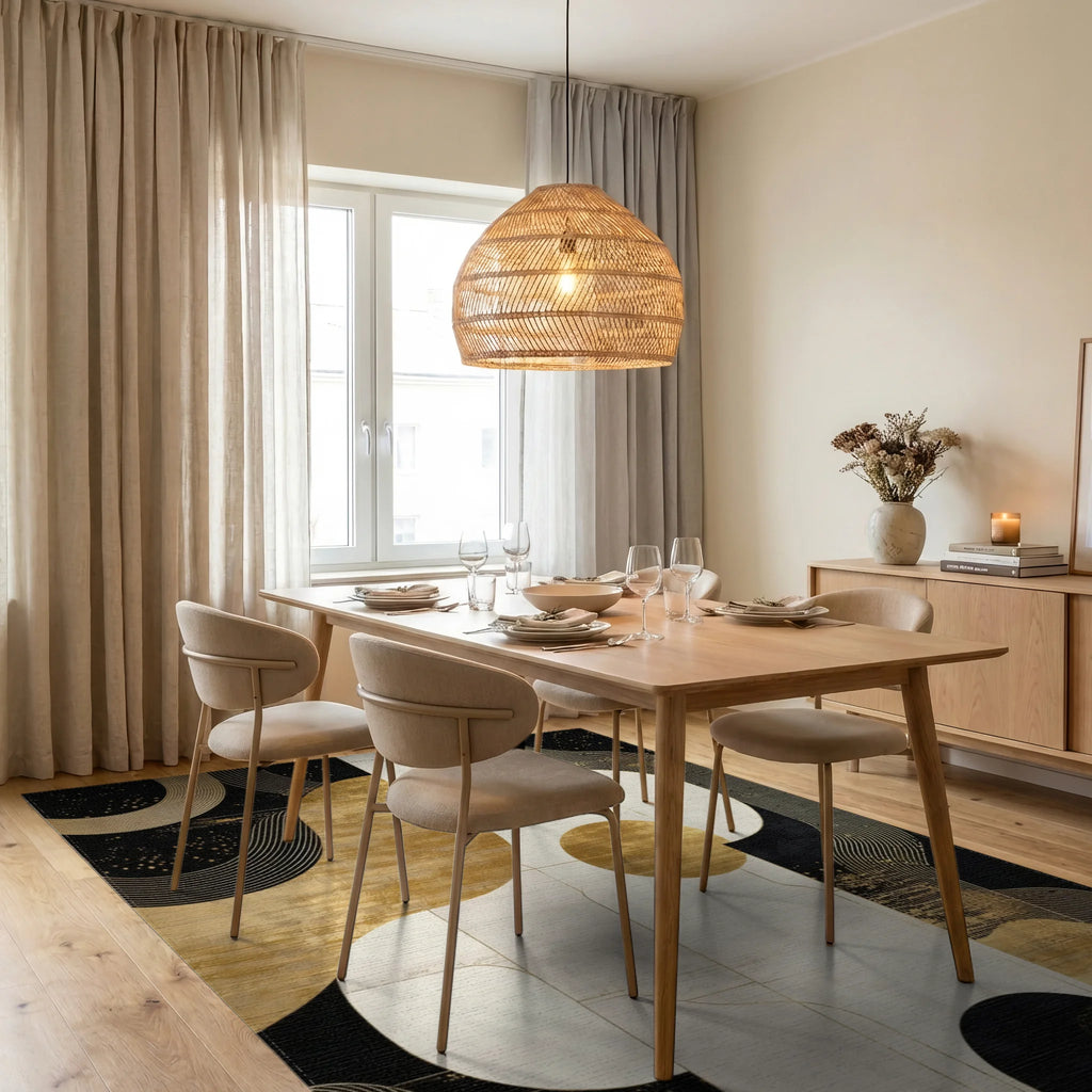 Black Gold Curved Abstract Rug - Dining Room View