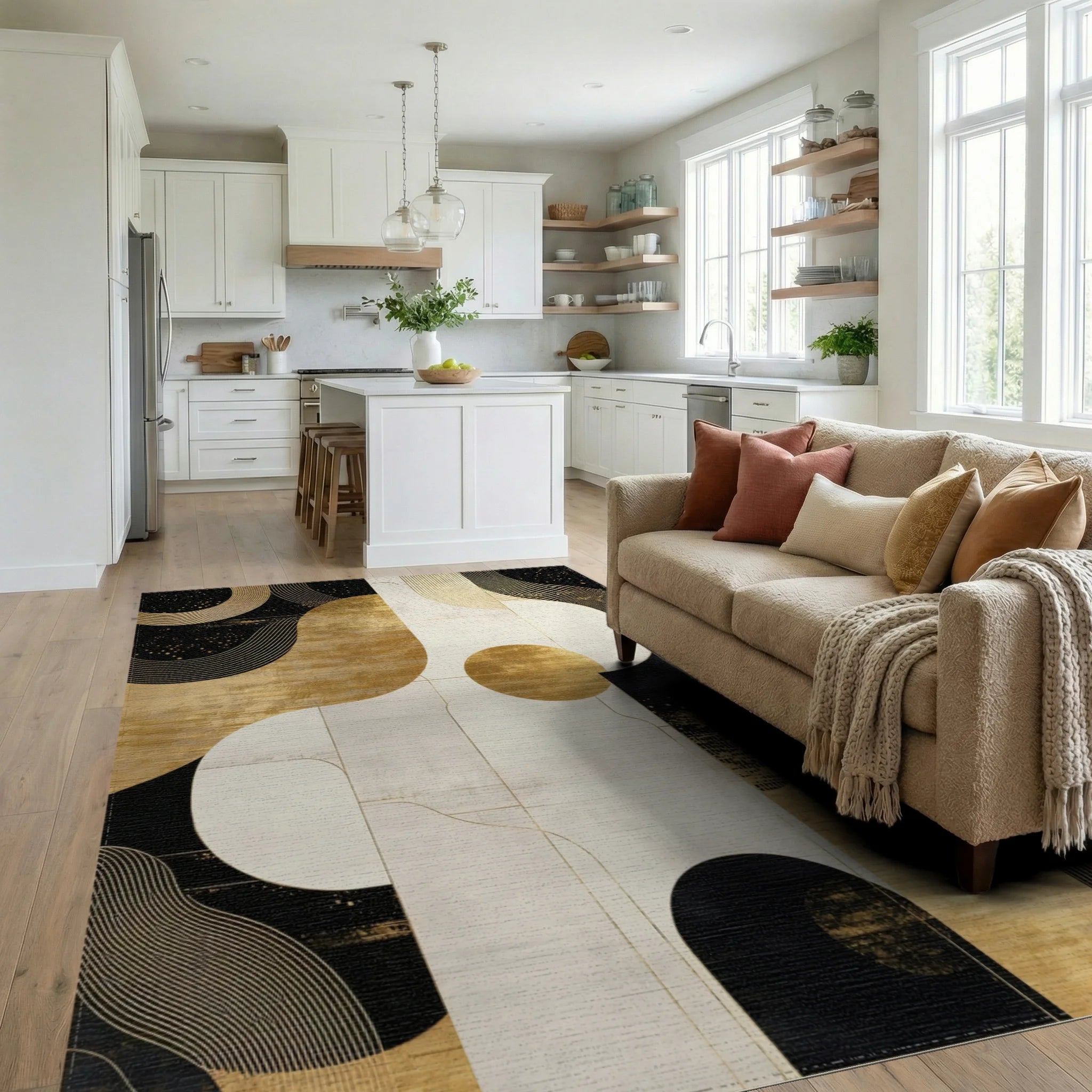 Black Gold Curved Abstract Rug - Living Room View