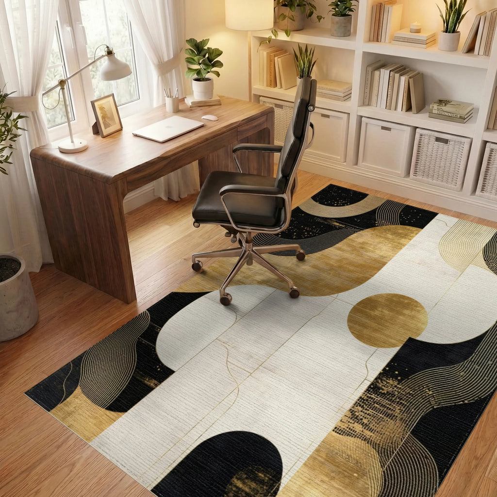 Black Gold Curved Abstract Rug - Office View