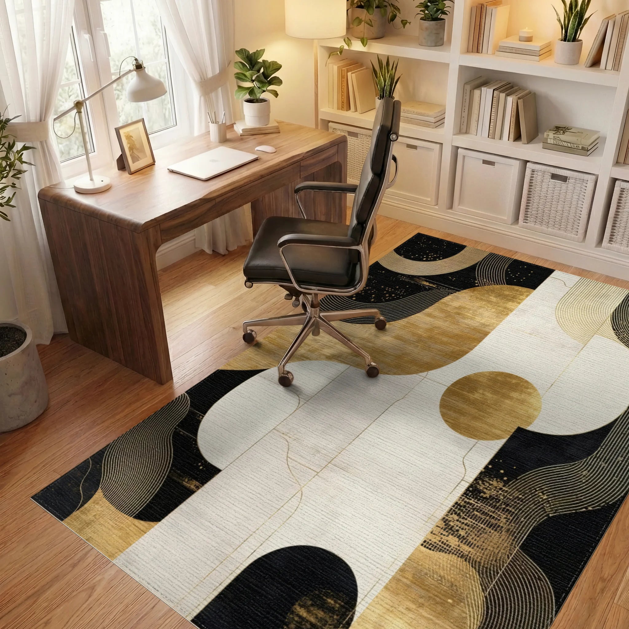 Black Gold Curved Abstract Rug - Office View