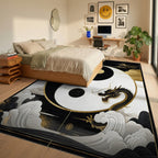 Black Gold Dragon Yin Yang Waves Rug - Bedroom View