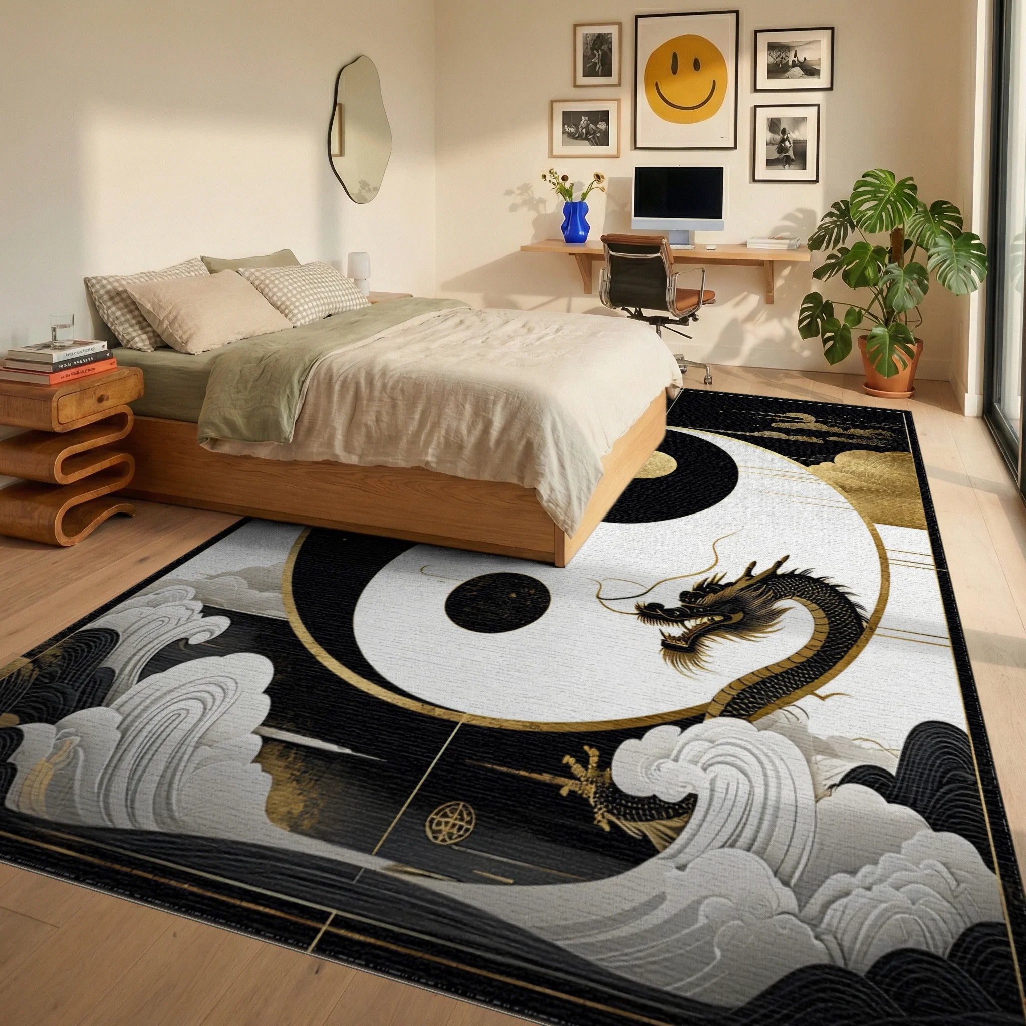 Black Gold Dragon Yin Yang Waves Rug - Bedroom View
