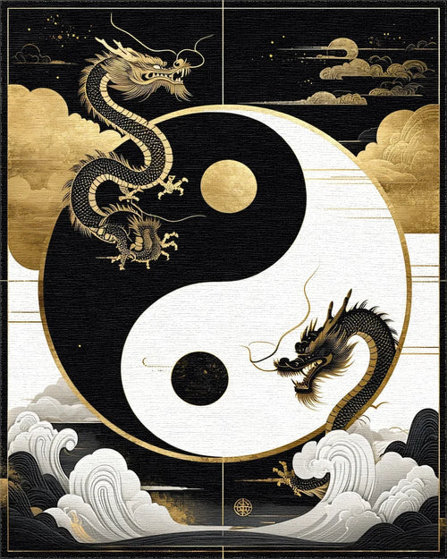 Black Gold Dragon Yin Yang Waves Rug - Cutout View