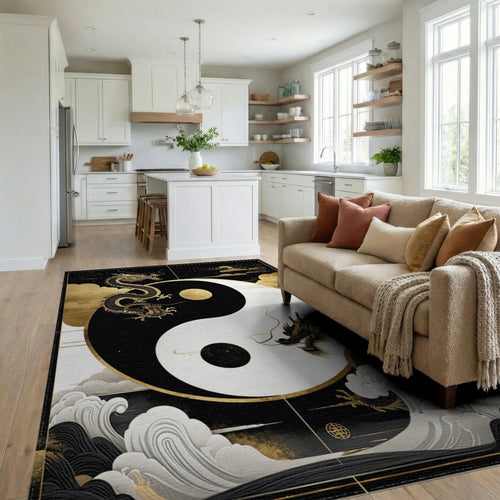 Black Gold Dragon Yin Yang Waves Rug - Living Room View