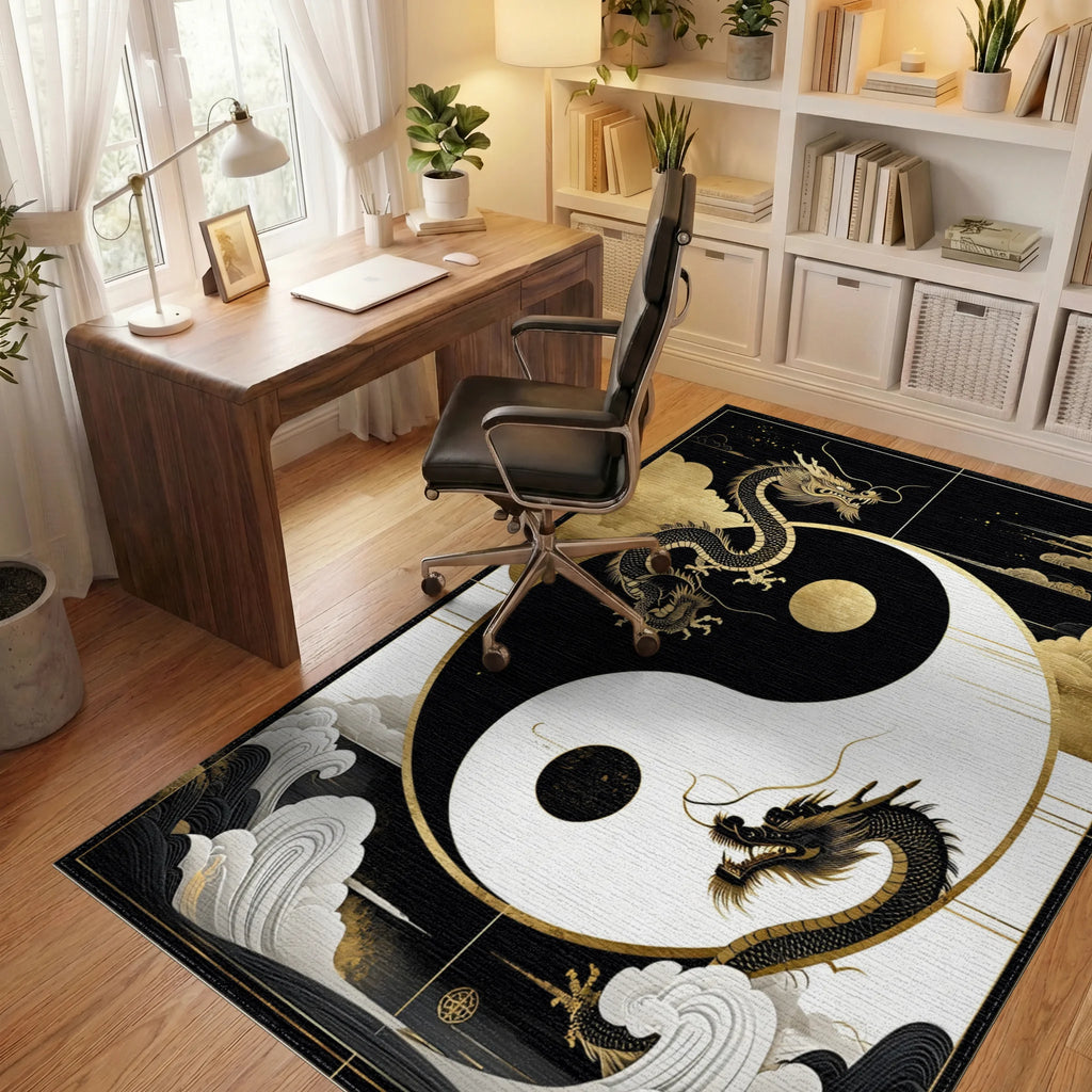 Black Gold Dragon Yin Yang Waves Rug - Office View