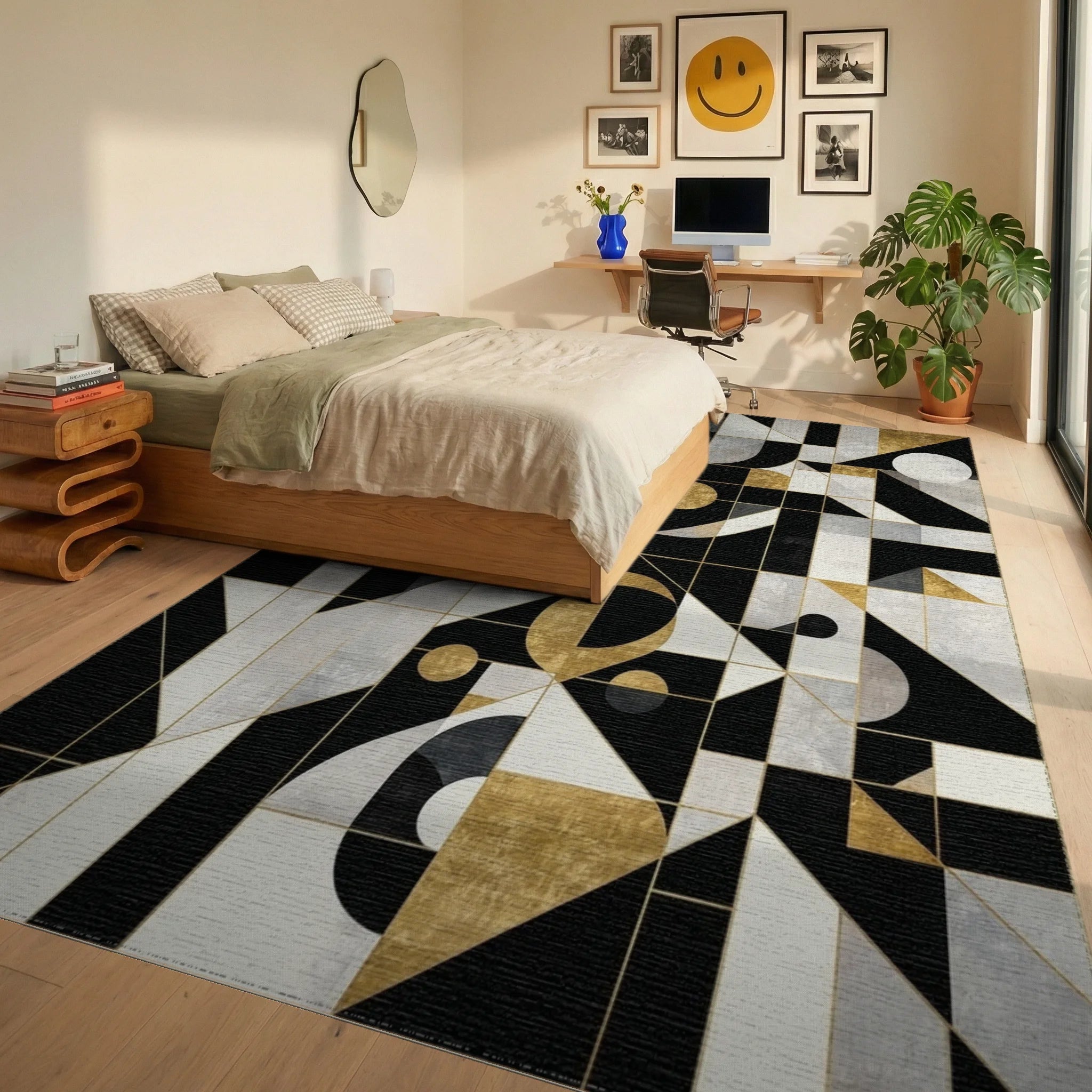Black Gold Geometric Abstract Harmony Rug - Bedroom View
