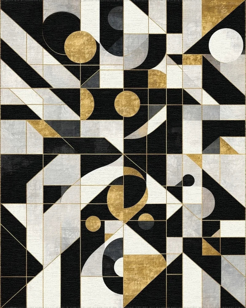 Black Gold Geometric Abstract Harmony Rug - Cutout View