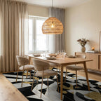 Black Gold Geometric Abstract Harmony Rug - Dining Room View