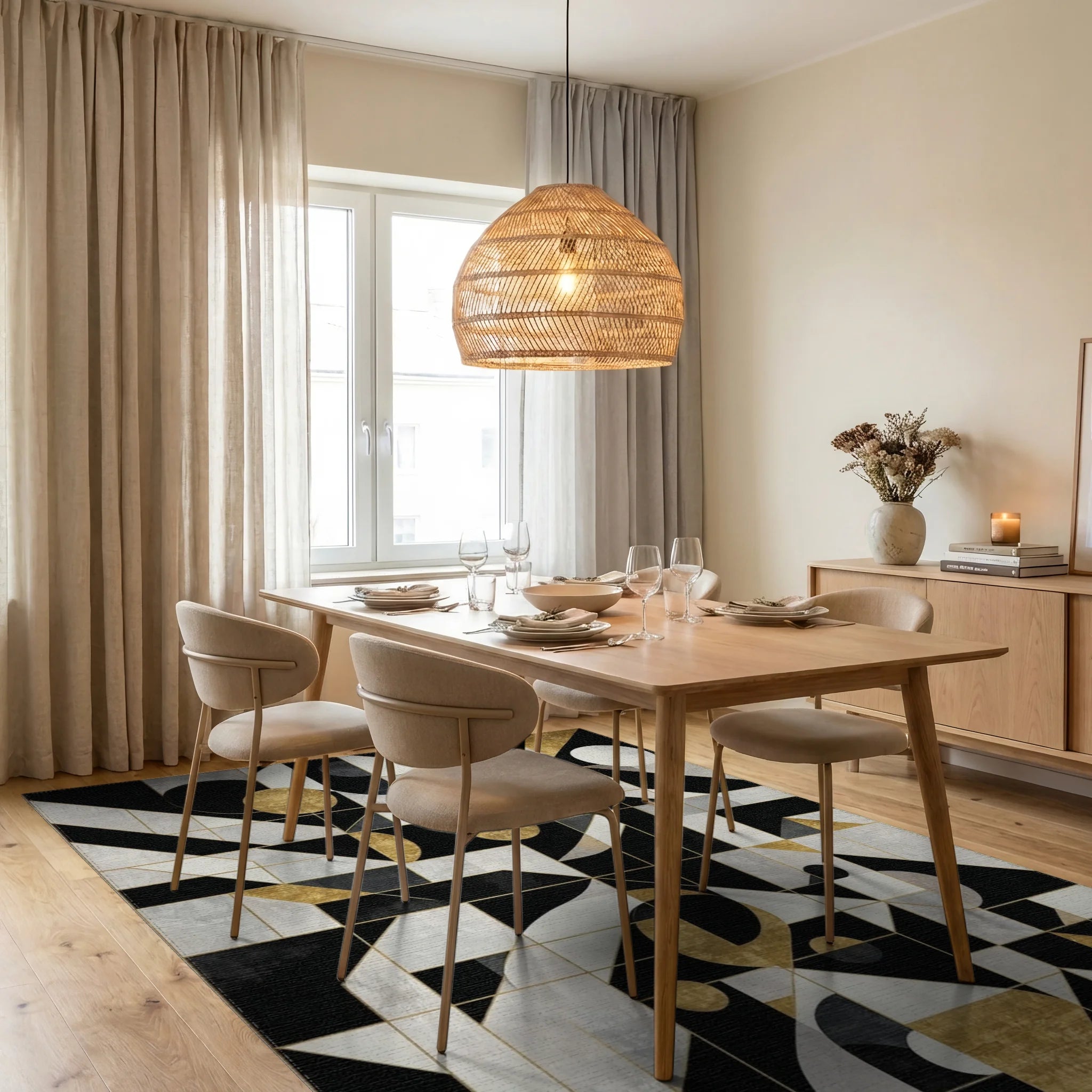 Black Gold Geometric Abstract Harmony Rug - Dining Room View