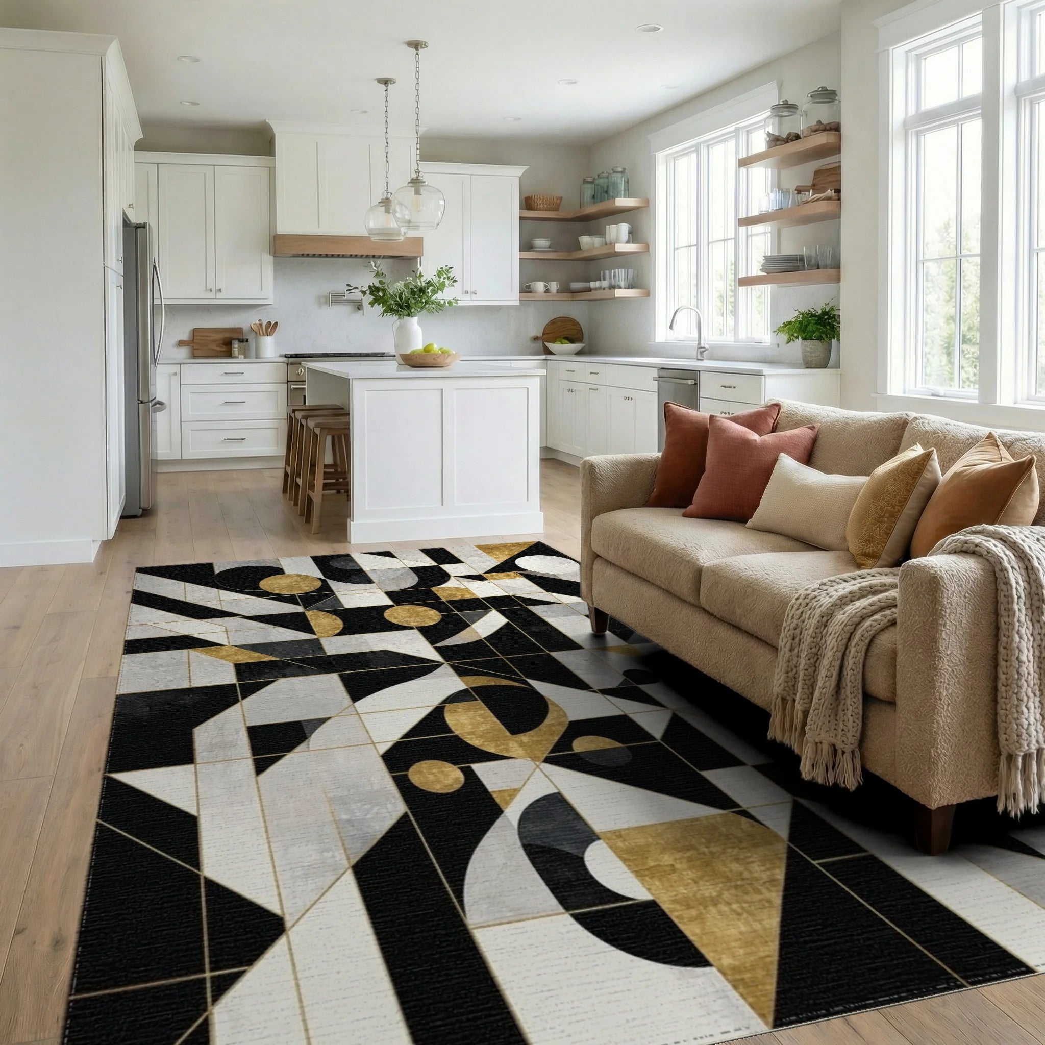 Black Gold Geometric Abstract Harmony Rug - Living Room View