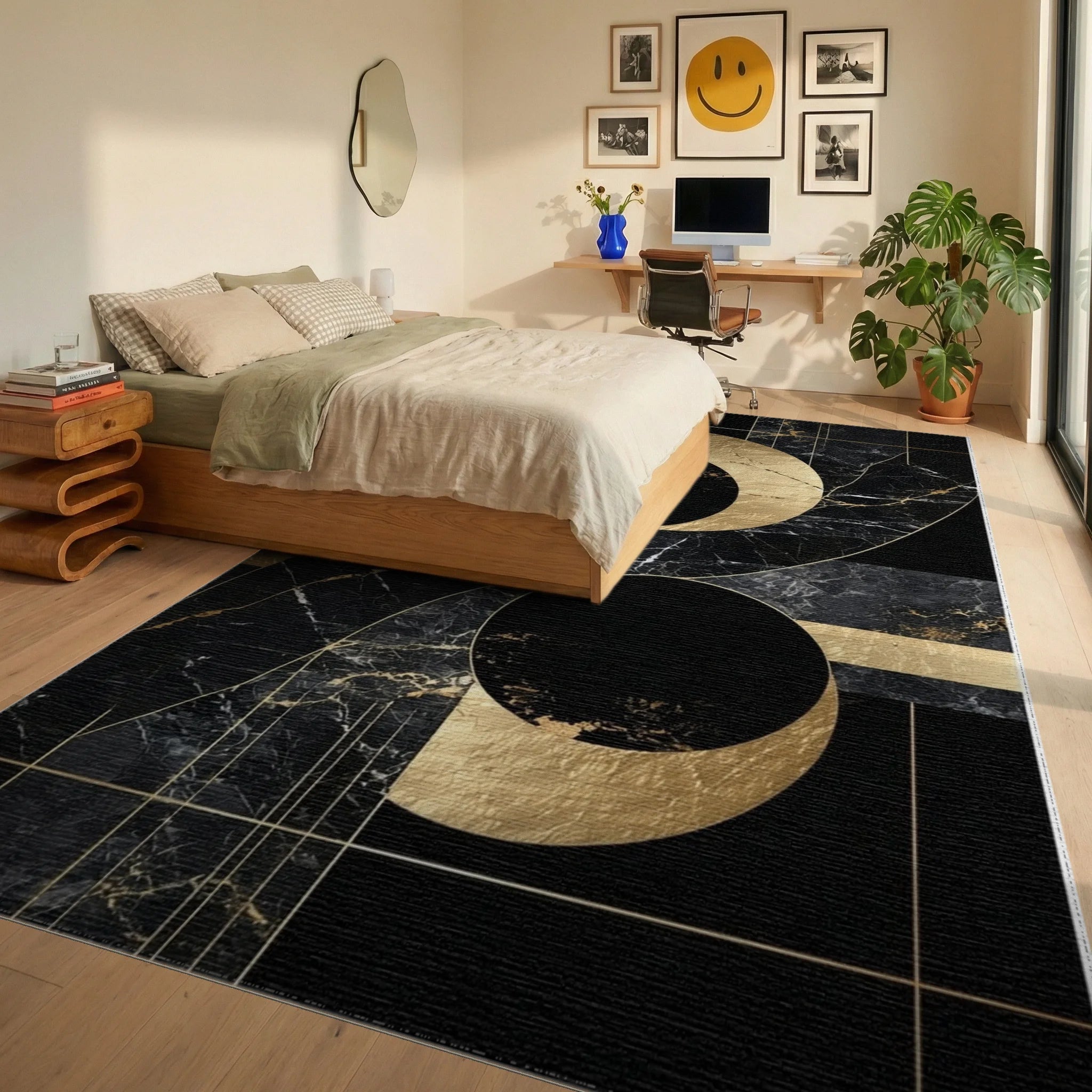 Black Gold Marble Geometric Circles Rug - Bedroom View
