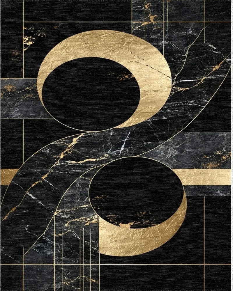 Black Gold Marble Geometric Circles Rug - Cutout View