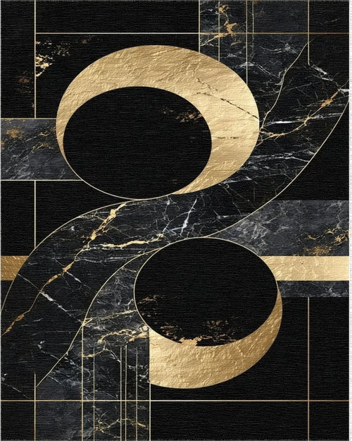 Black Gold Marble Geometric Circles Rug - Cutout View