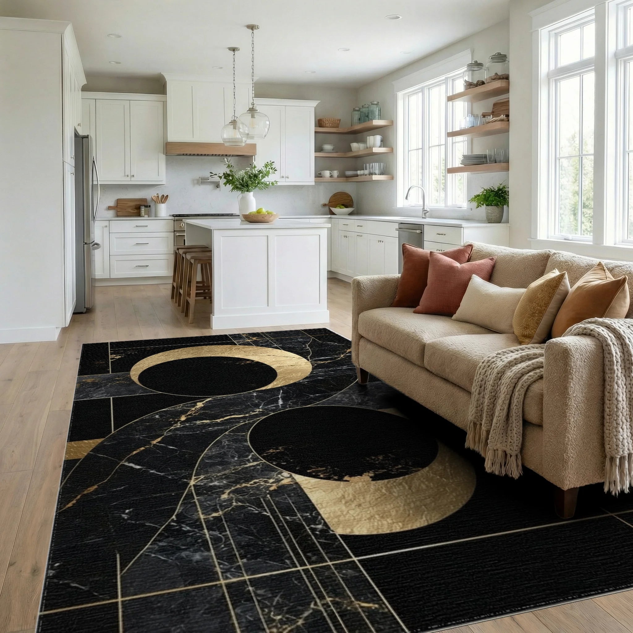 Black Gold Marble Geometric Circles Rug - Living Room View