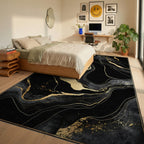 Black Gold Veined Marble Abstract Rug - Bedroom View