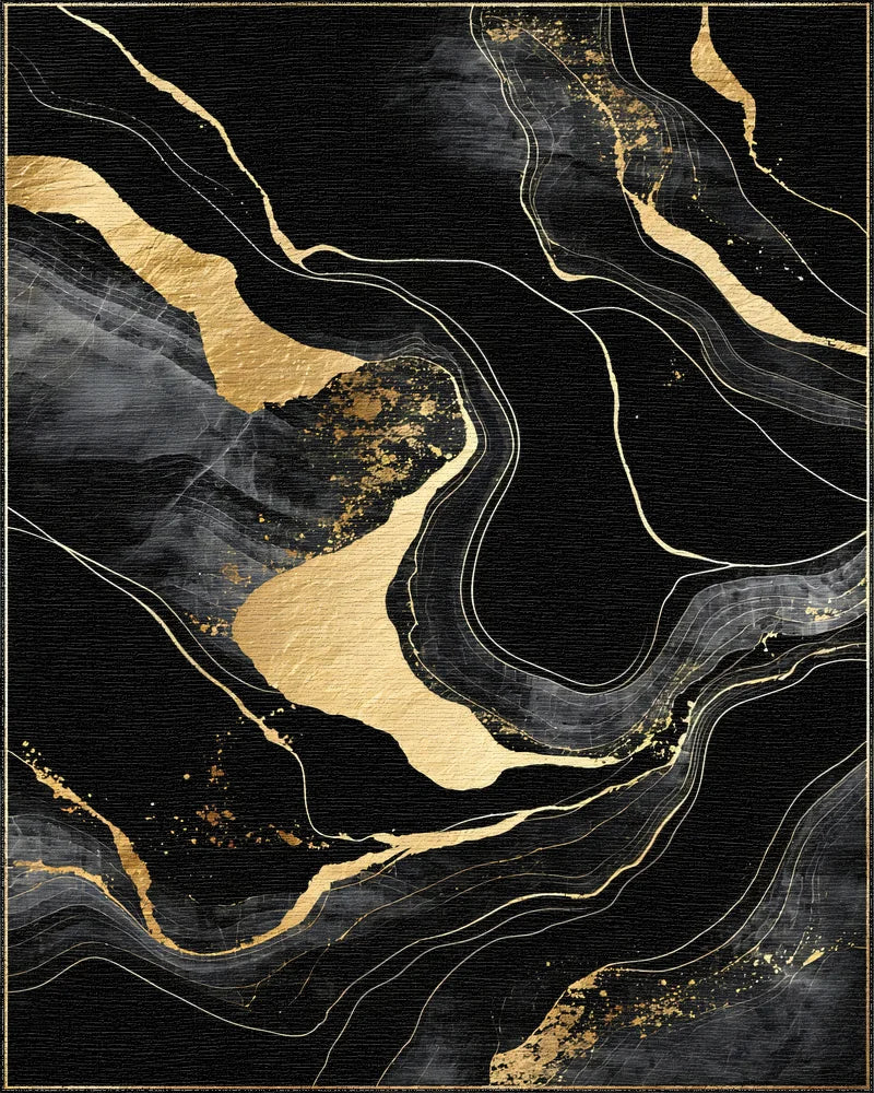 Black Gold Veined Marble Abstract Rug - Cutout View