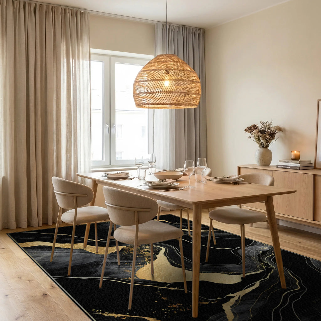Black Gold Veined Marble Abstract Rug - Dining Room View