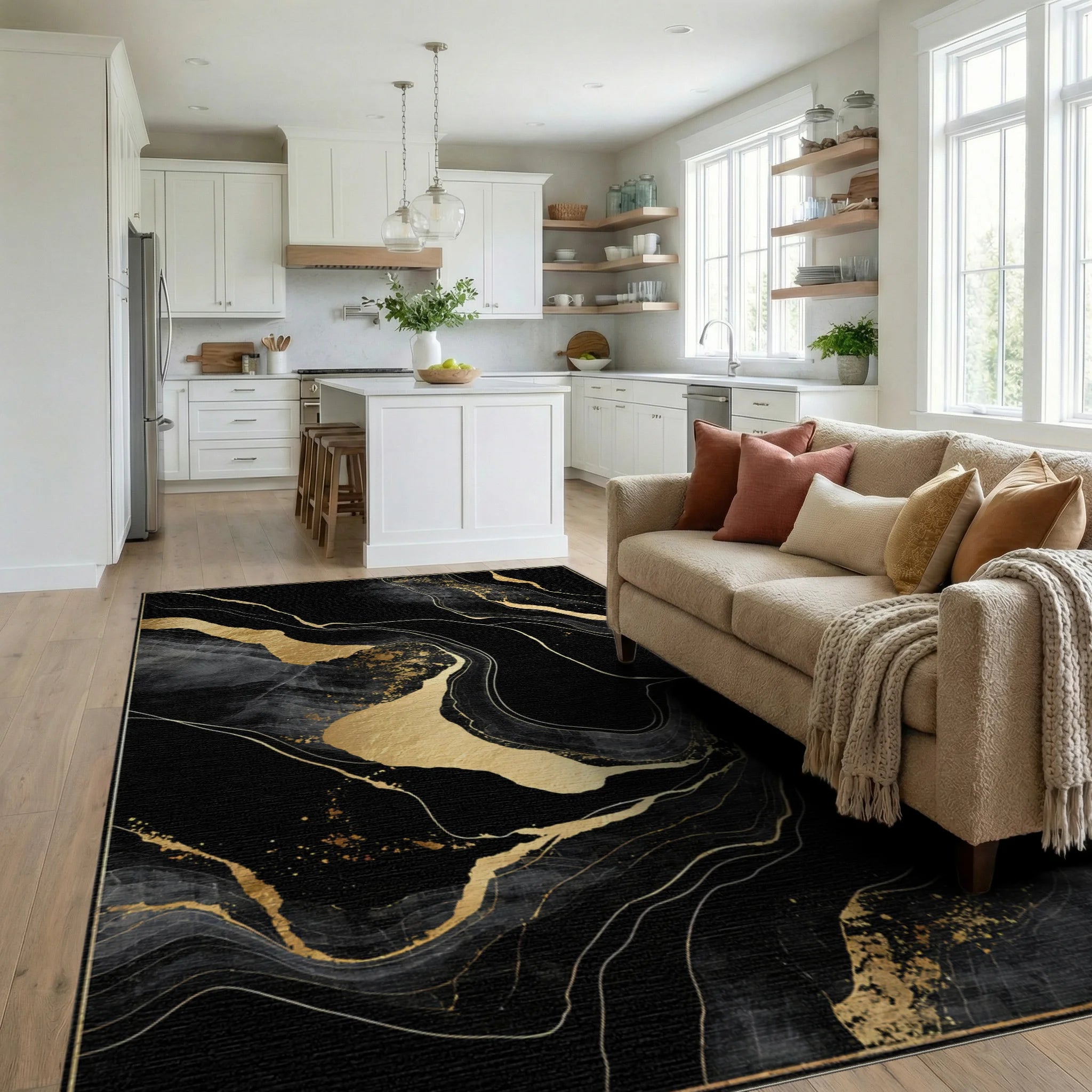 Black Gold Veined Marble Abstract Rug - Living Room View