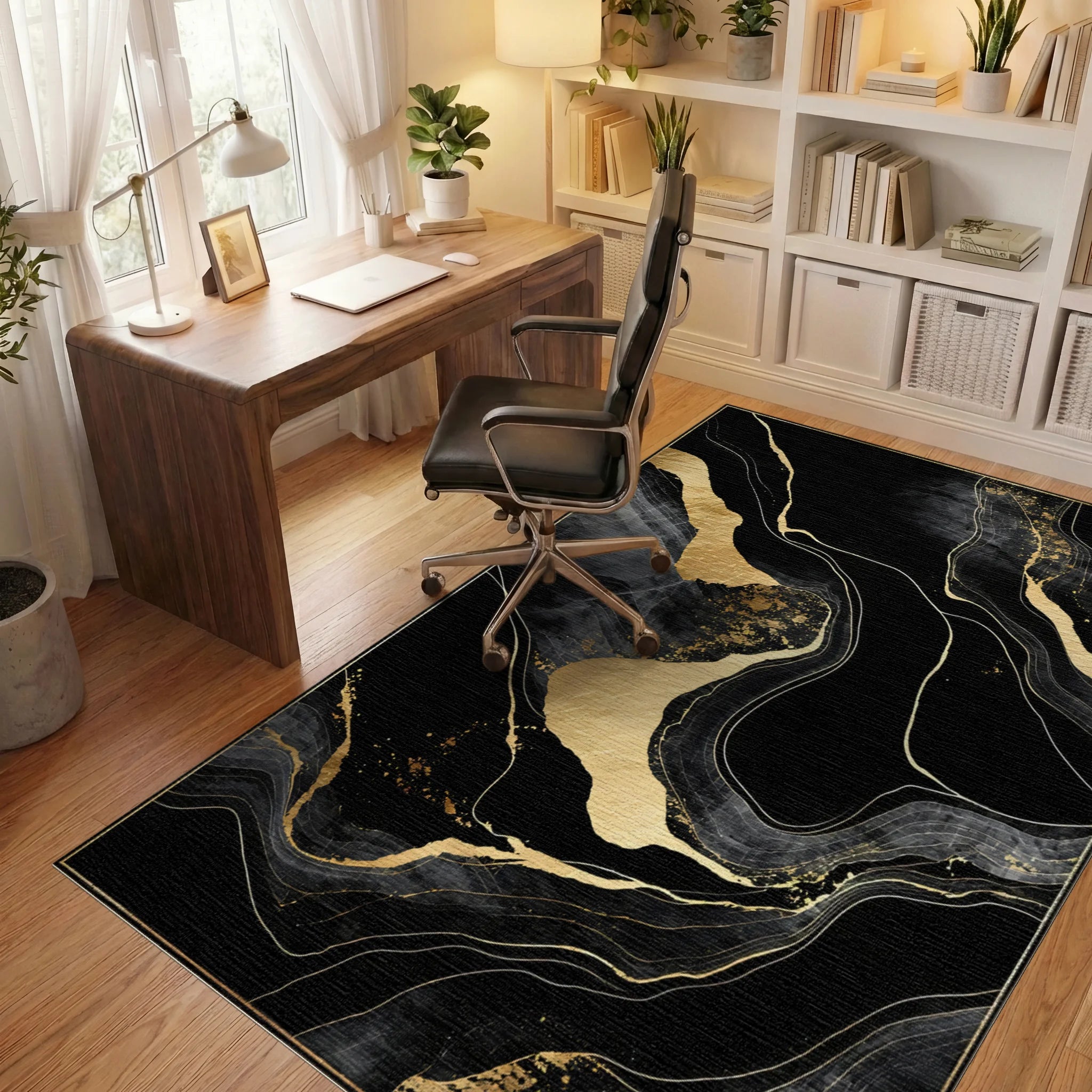 Black Gold Veined Marble Abstract Rug - Office View