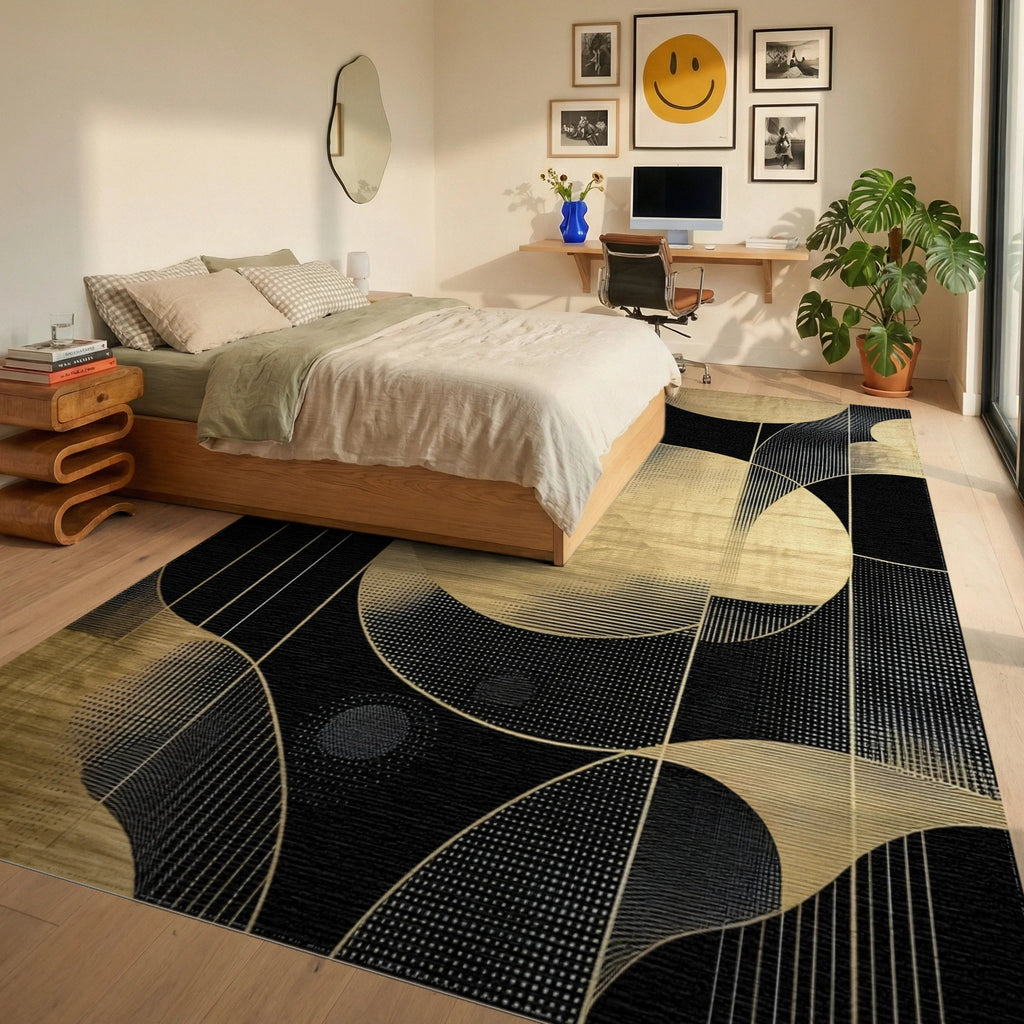 Black Gold Wavy Circles Lines Rug - Bedroom View