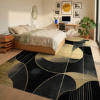 Black Gold Wavy Circles Lines Rug - Bedroom View