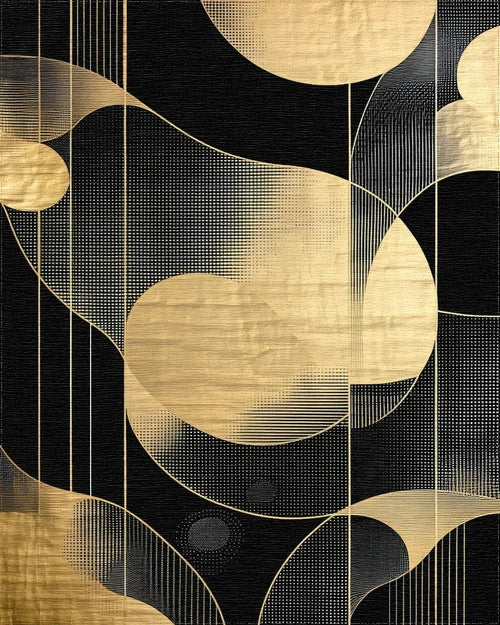 Black Gold Wavy Circles Lines Rug - Cutout View