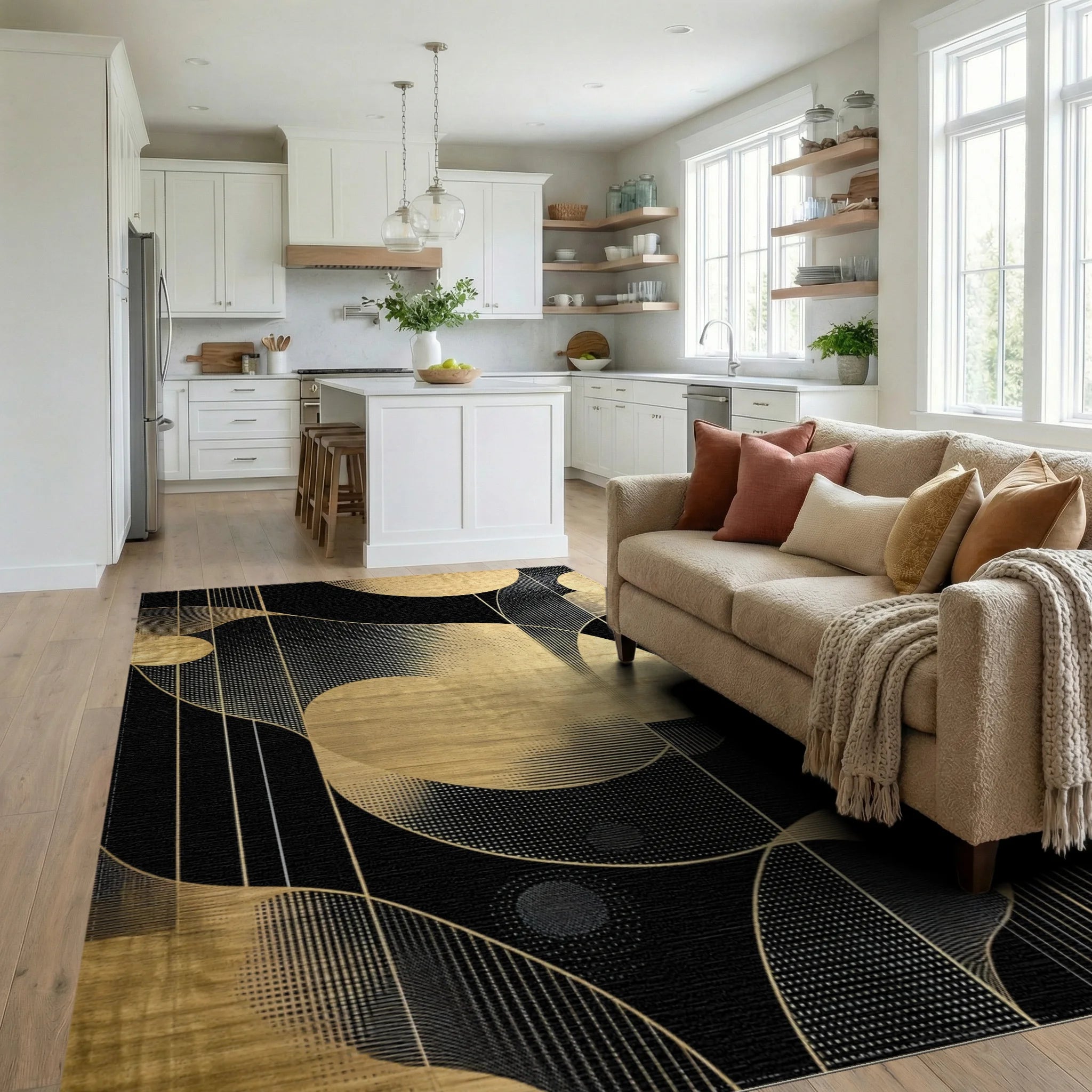 Black Gold Wavy Circles Lines Rug - Living Room View