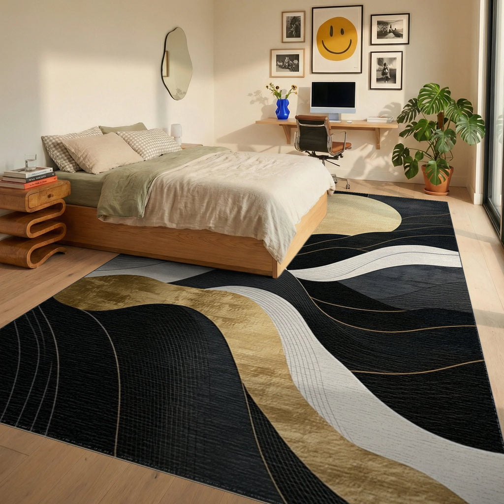 Black Gold Wavy Sun Rug - Bedroom View