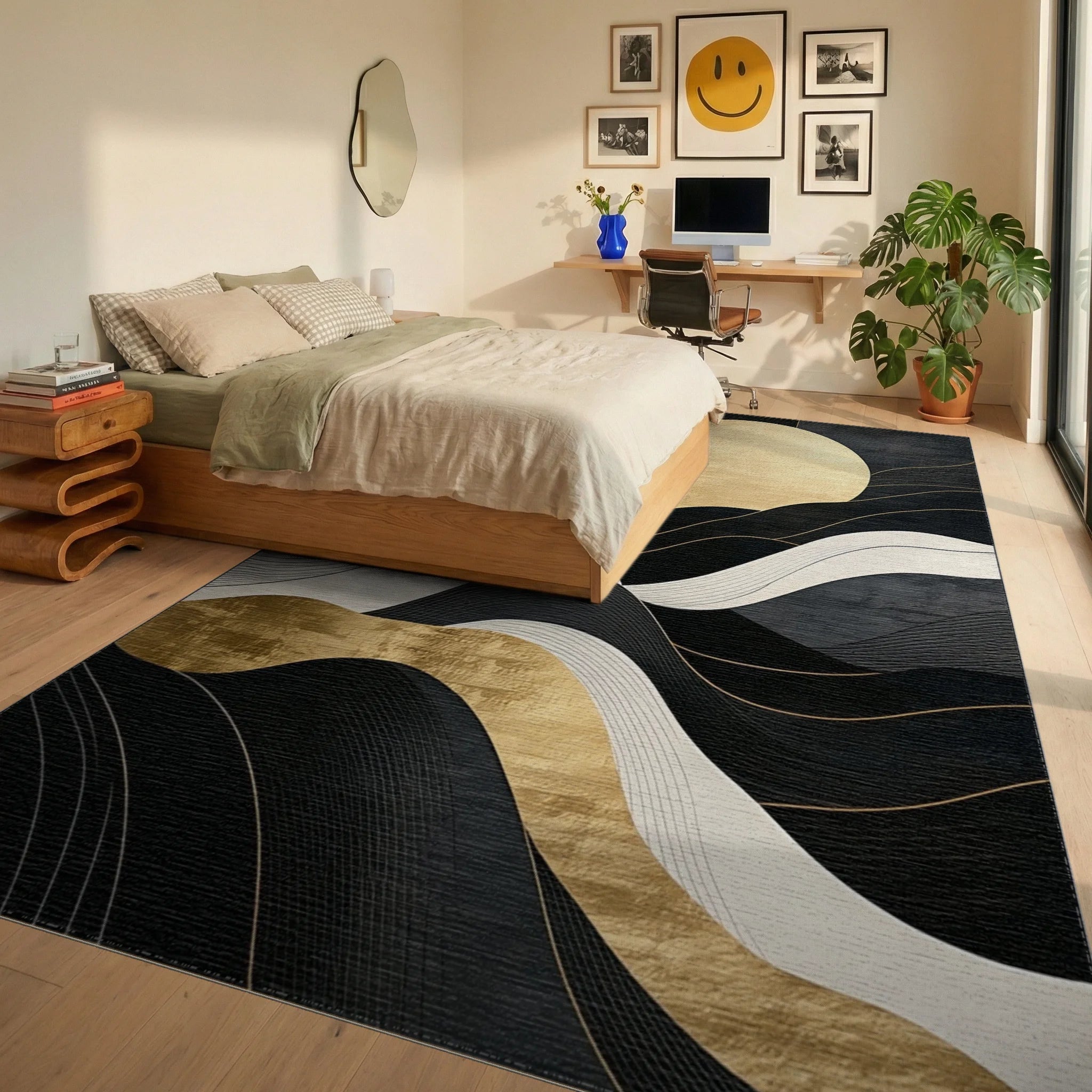 Black Gold Wavy Sun Rug - Bedroom View