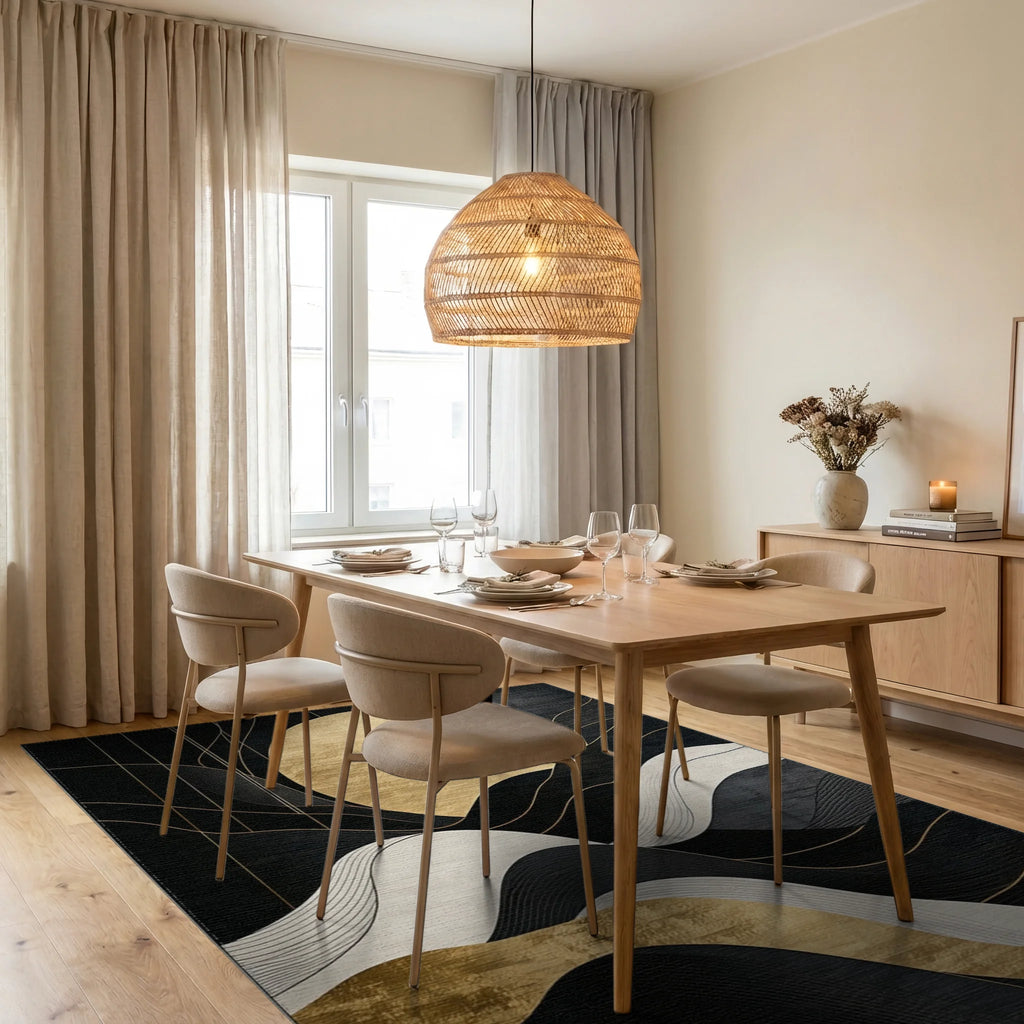 Black Gold Wavy Sun Rug - Dining Room View
