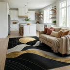 Black Gold Wavy Sun Rug - Living Room View